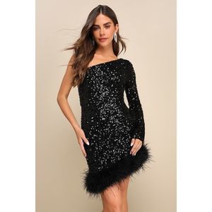 NEW Lulus Extraordinary Sparkle Black Sequin Feather Bodycon Mini Dress - Size S